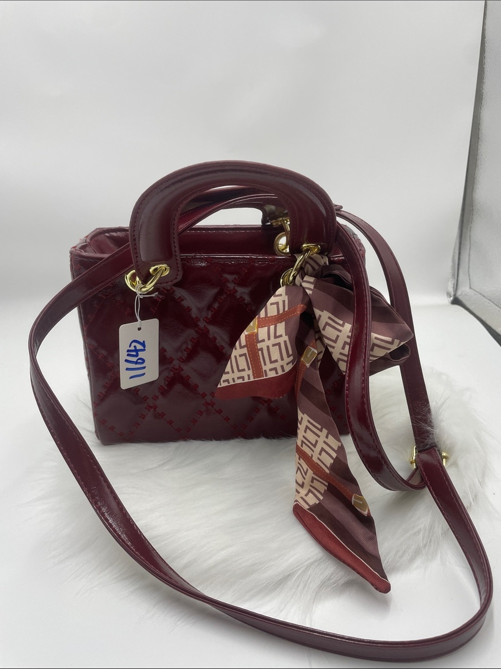 Glossy Deep Burgundy Patent Crossbody Satchel with Scarf Accent 11642